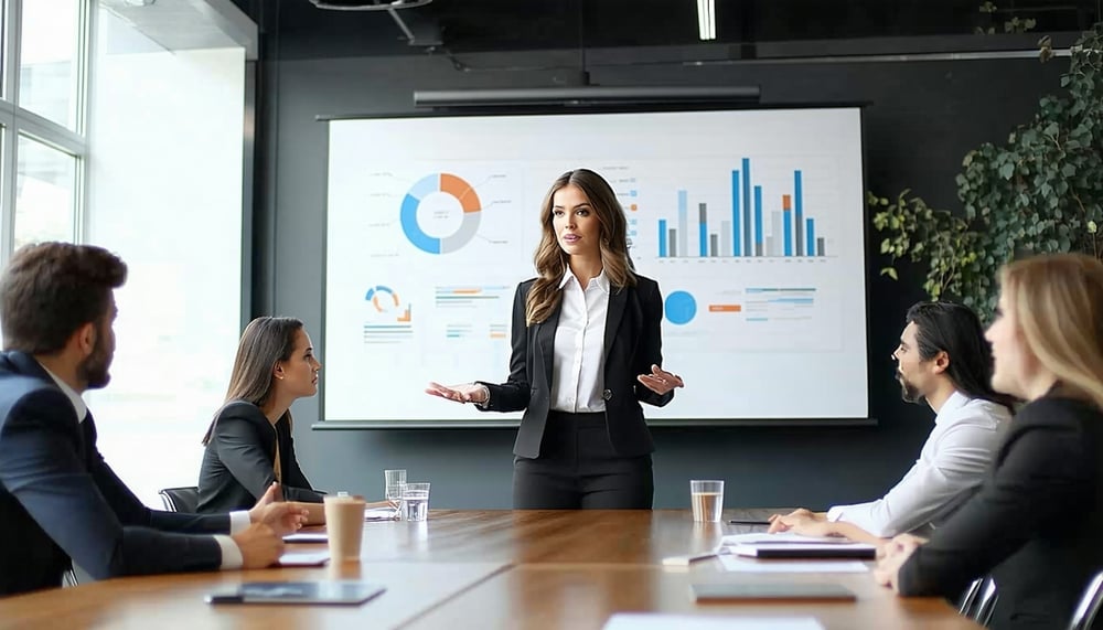 Professional woman leading a business meeting with a presentation on enterprise transformations